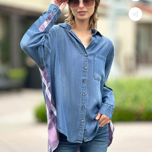 Billy T Love You To Pieces Shirt Women XL Blue Purple Chambray Denim Plaid Boho - Picture 2 of 15